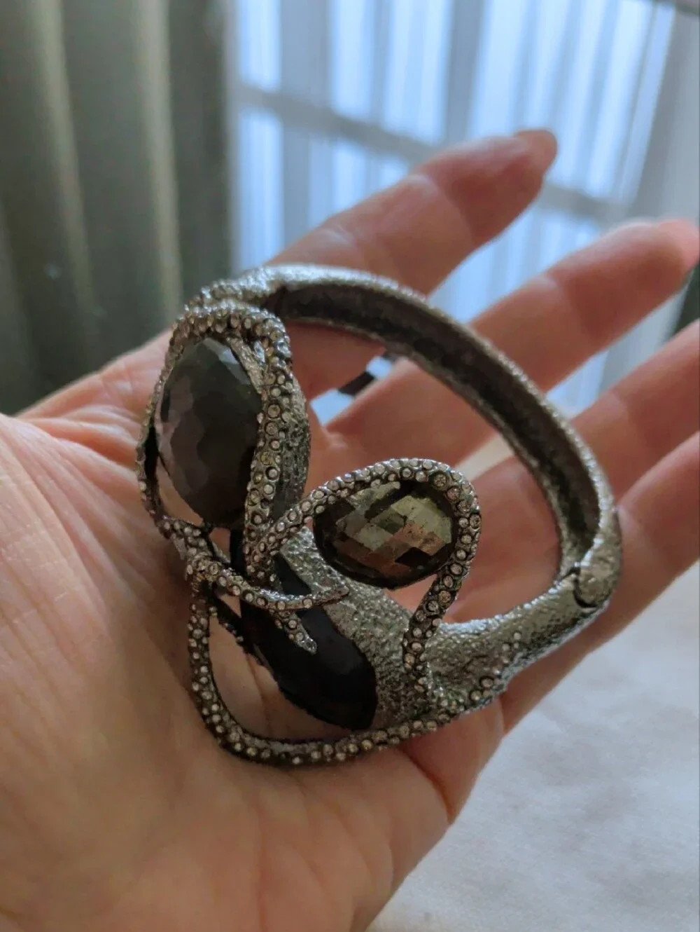 tba Silver-Tone Cuff Bracelet with Smoky Black and Gray Faceted Stones